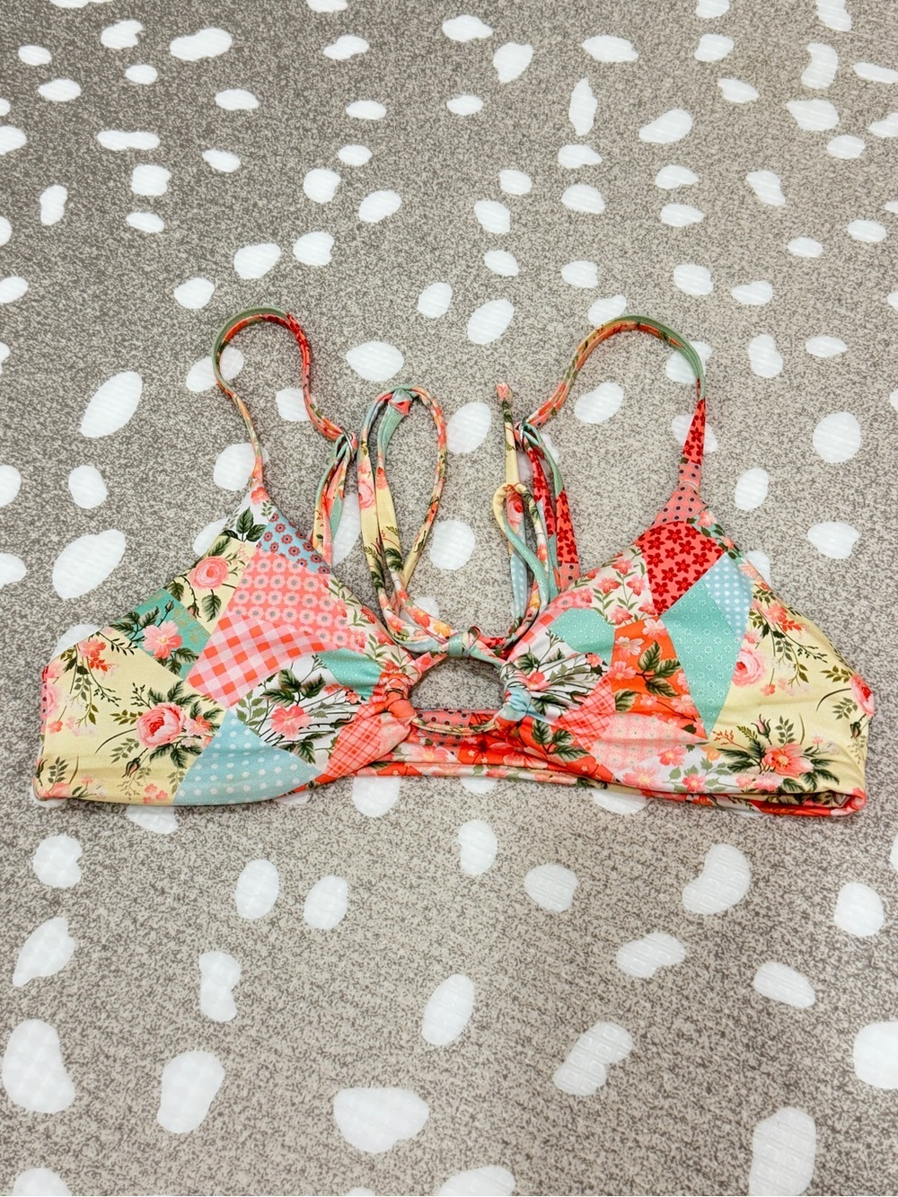 Oneone patchwork bikini top triangle o-ring tie front floral gingham